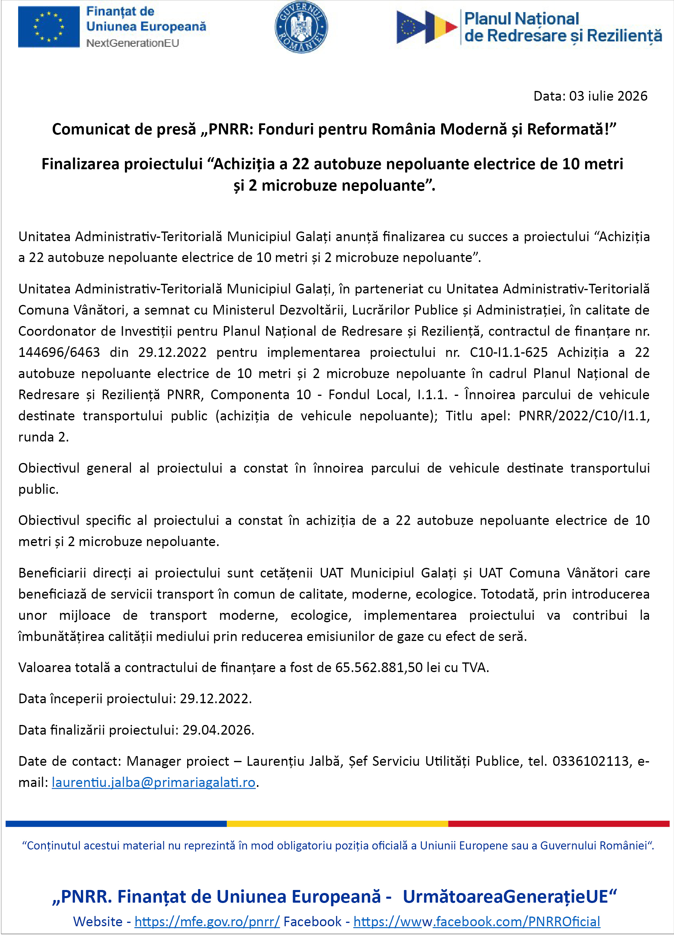Finalizarea proiectului “Achiziția a 22 autobuze nepoluante electrice de 10 metri  și 2 microbuze nepoluante”