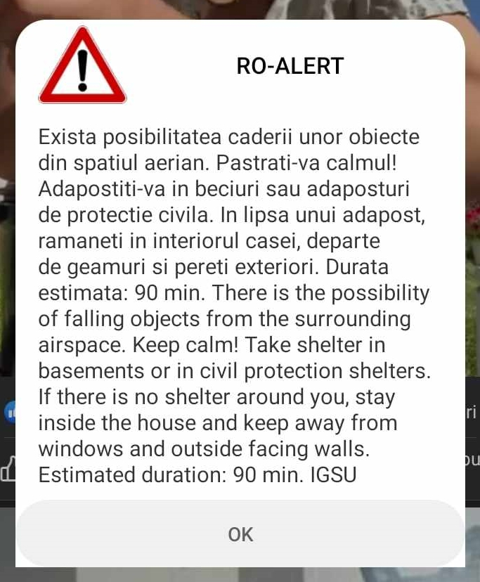 Avertizare Ro-Alert la Galaţi despre "căderea unor obiecte din spaţiul aerian"