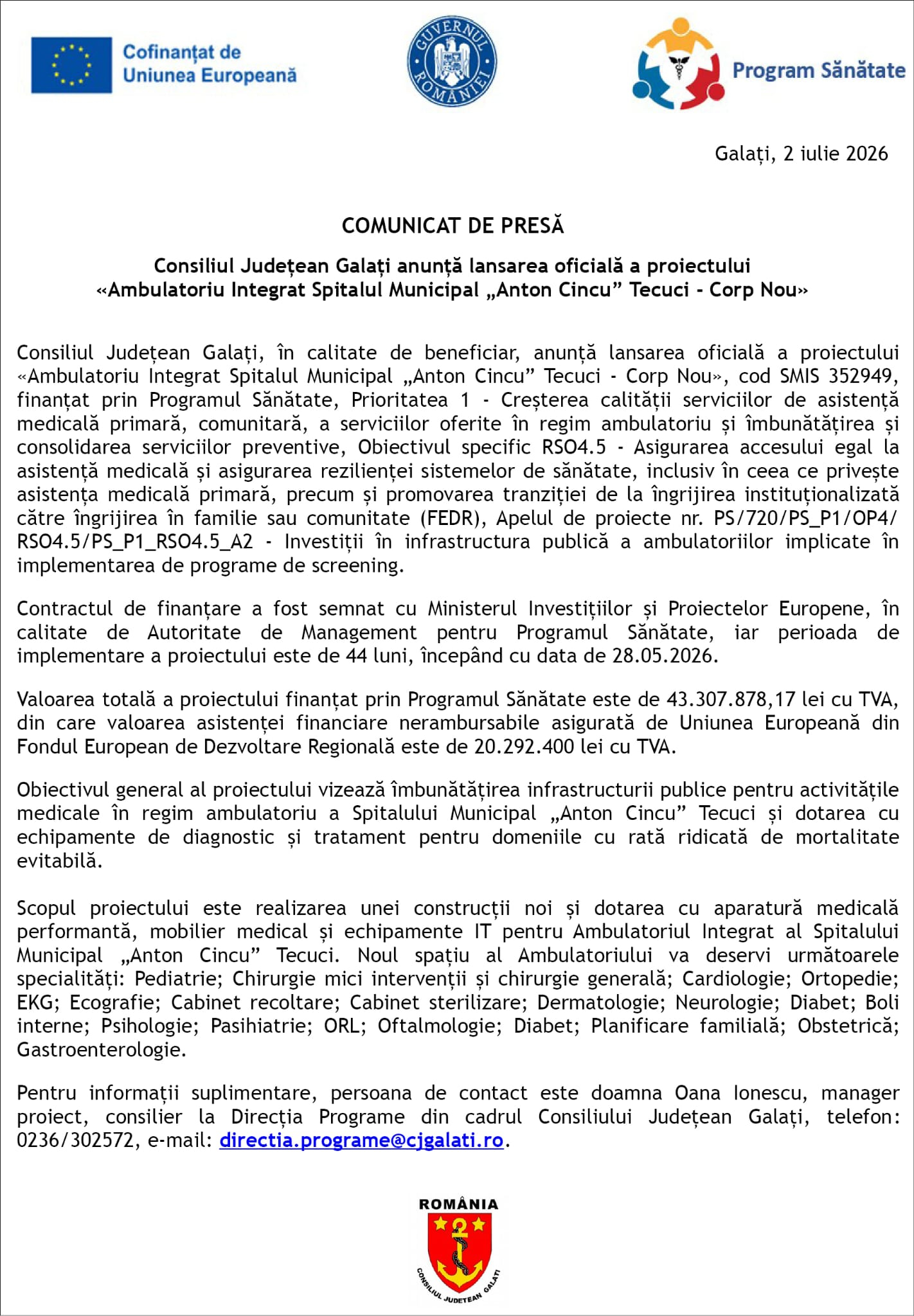 Comunicat de presa- Ambulatoriu Integrat Spitalul Municipal „Anton Cincu” Tecuci - Corp Nou