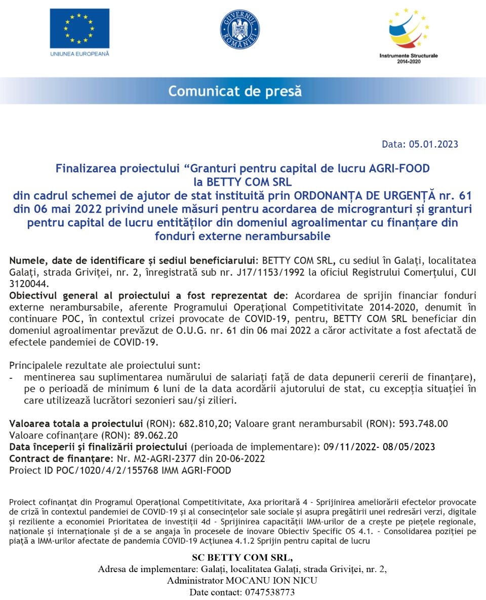 Finalizarea proiectului „Granturi pentru capital de lucru AGRI-FOOD la BETTY COM SRL”