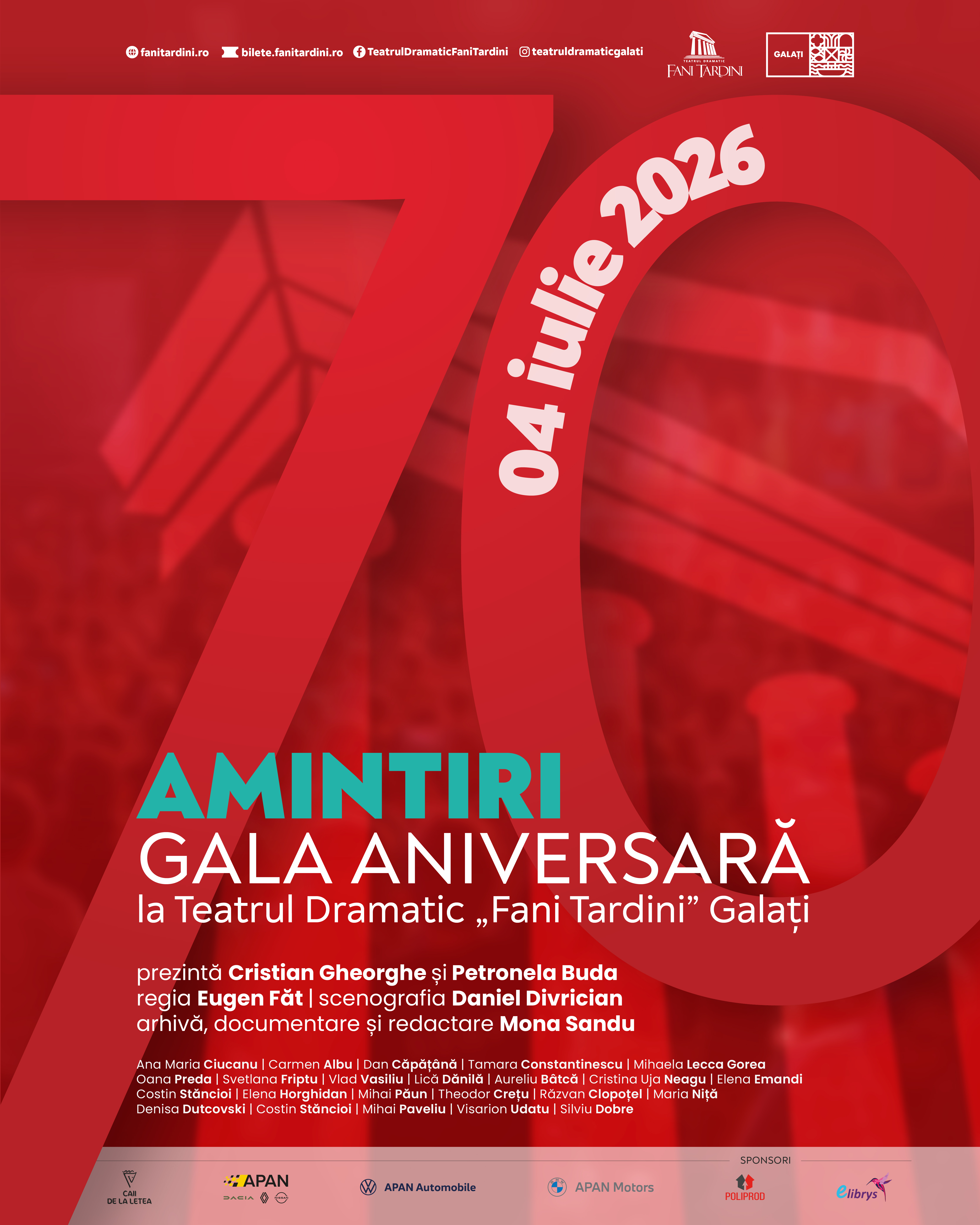 Amintiri, cântece, dans şi roast la „Gala Aniversară 70”. Final de stagiune la Teatrul Dramatic „Fani Tardini”