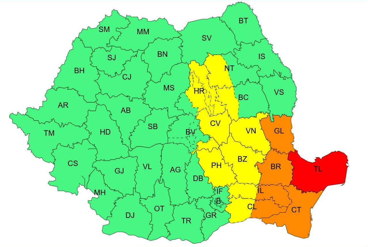 Meteorologii au prelungit avertizarea. Galațiul, sub Cod portocaliu până mâine dimineață