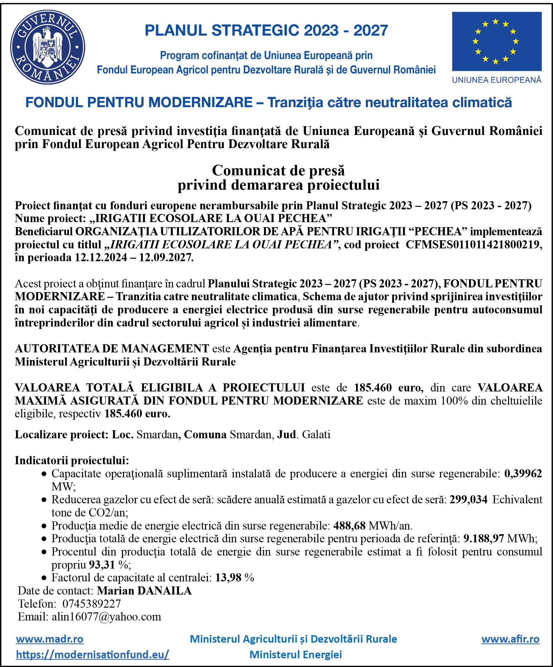 Comunicat de presă - Irigații ecosolare la OUAI PECHEA