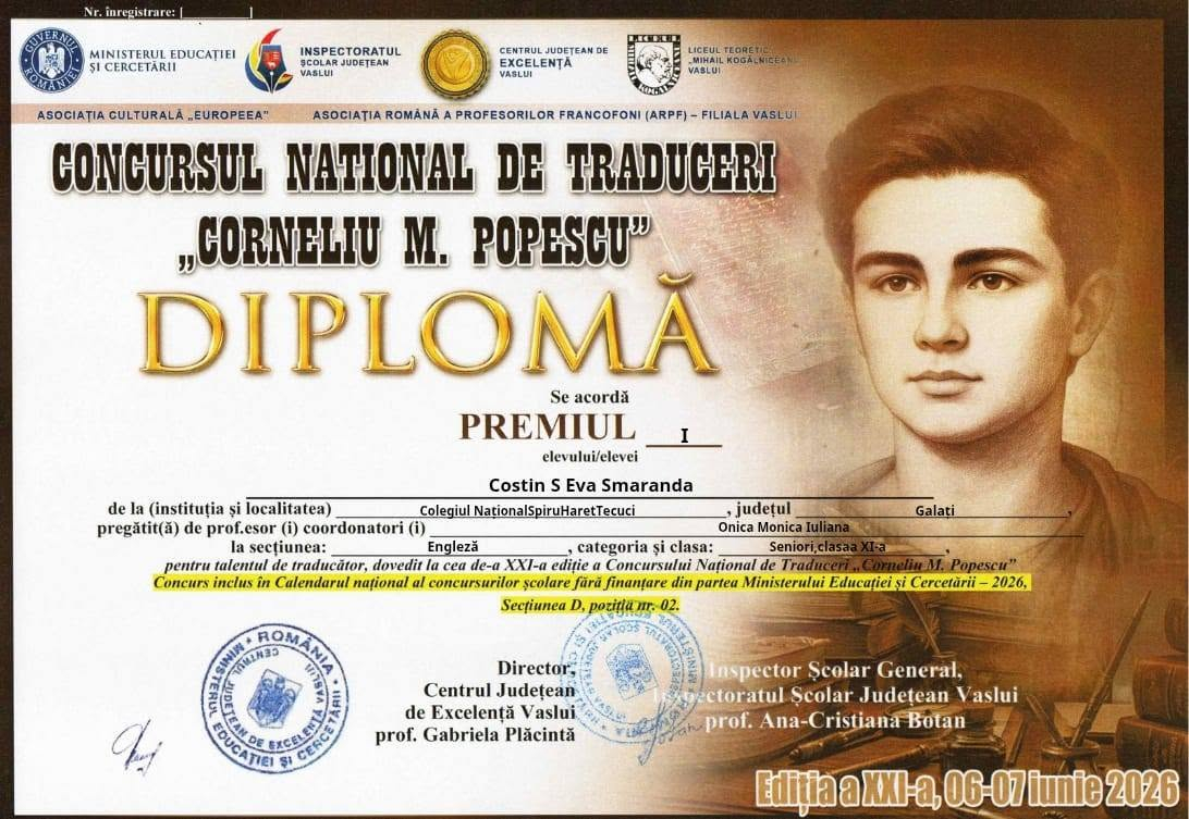 Trei premii pentru elevii traducători de la Colegiul „Spiru Haret” din Tecuci