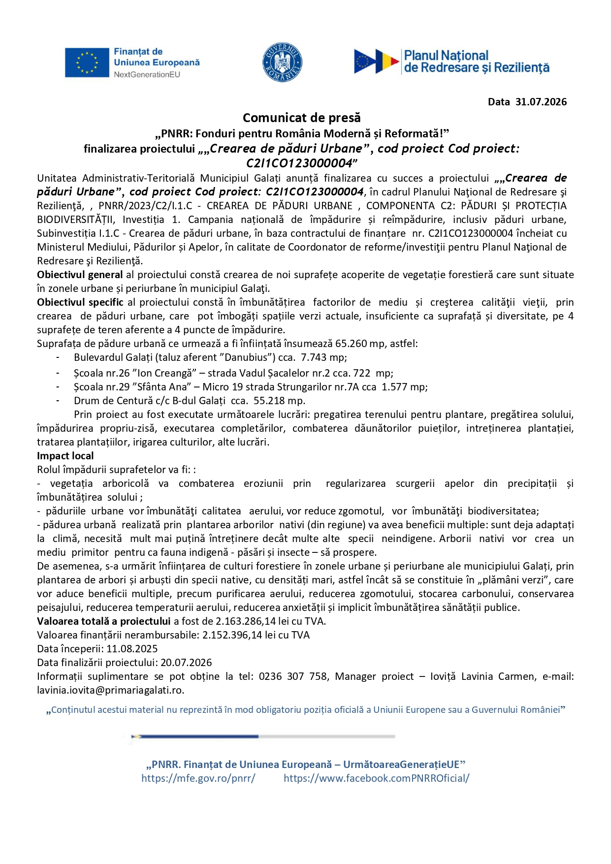 Comunicat de presă- finalizare proiect  „Crearea de păduri Urbane”