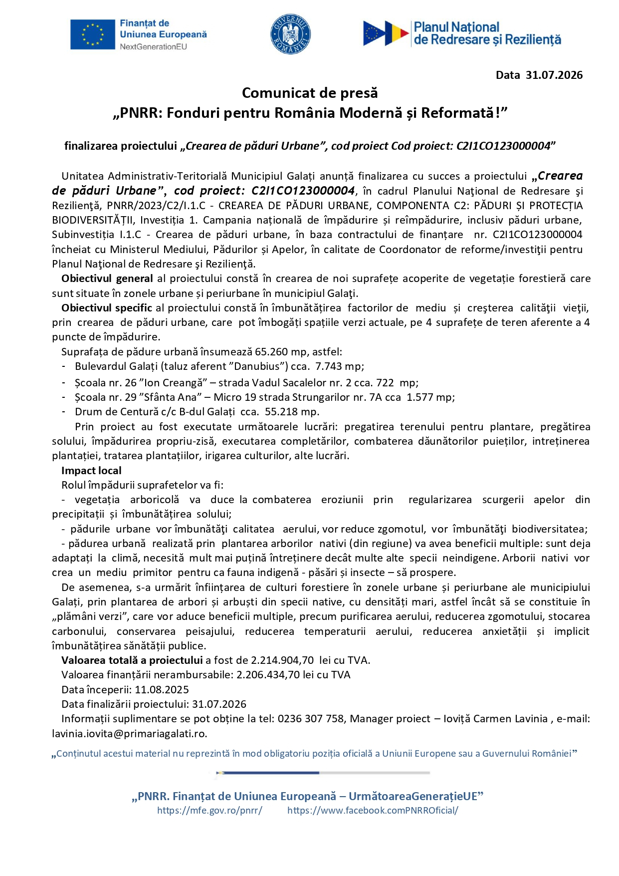 Comunicat de presă final - ”Crearea de păduri Urbane”