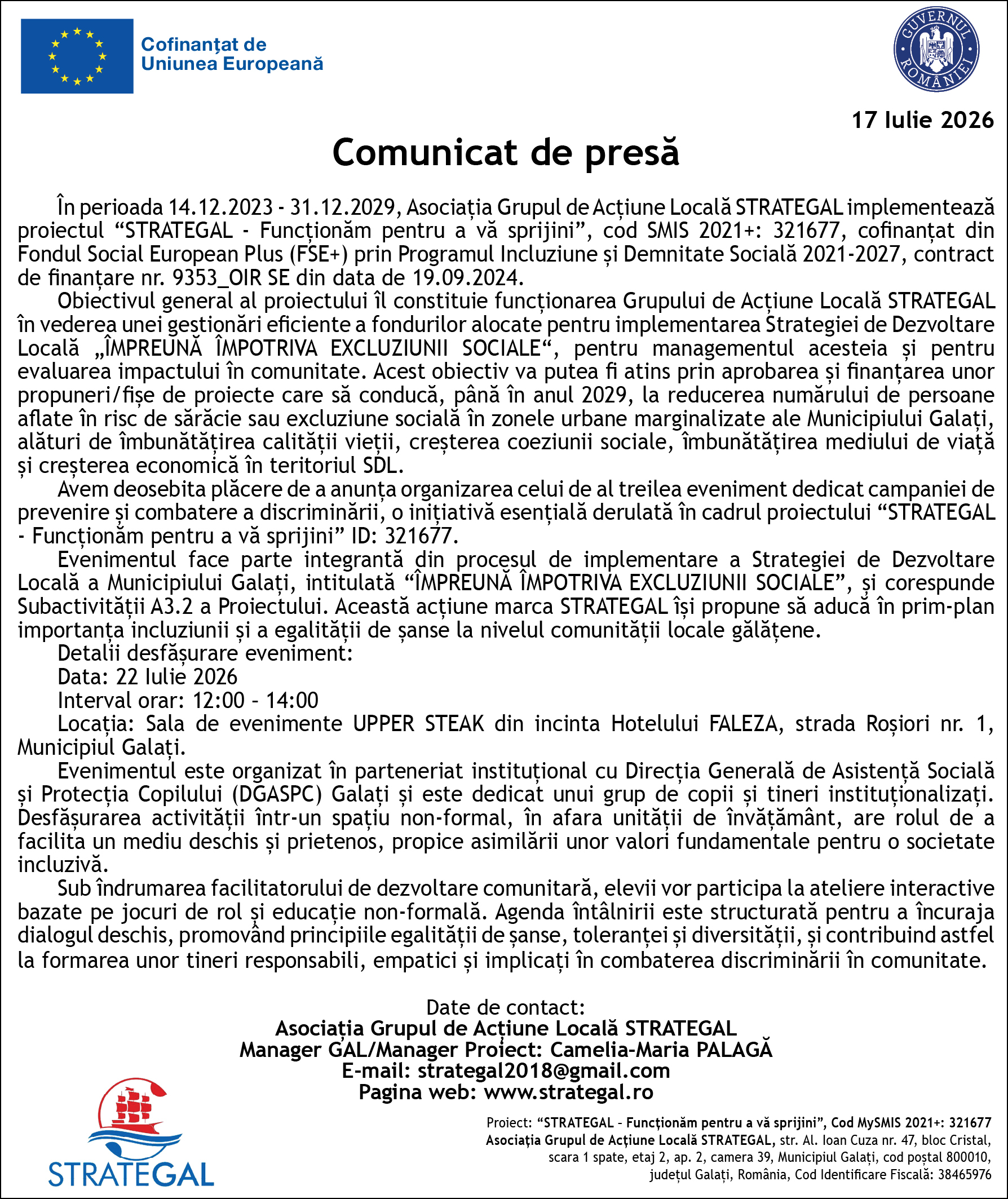 Comunicat de presă: STRATEGAL - Funcționăm pentru a vă sprijini