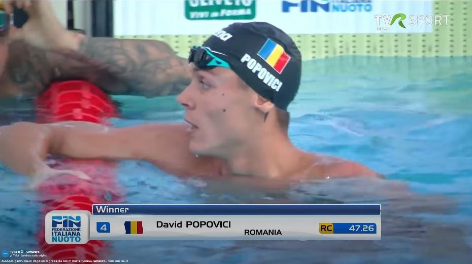 Aur pentru David Popovici în proba de 100 m liber a Turneului Settecolli