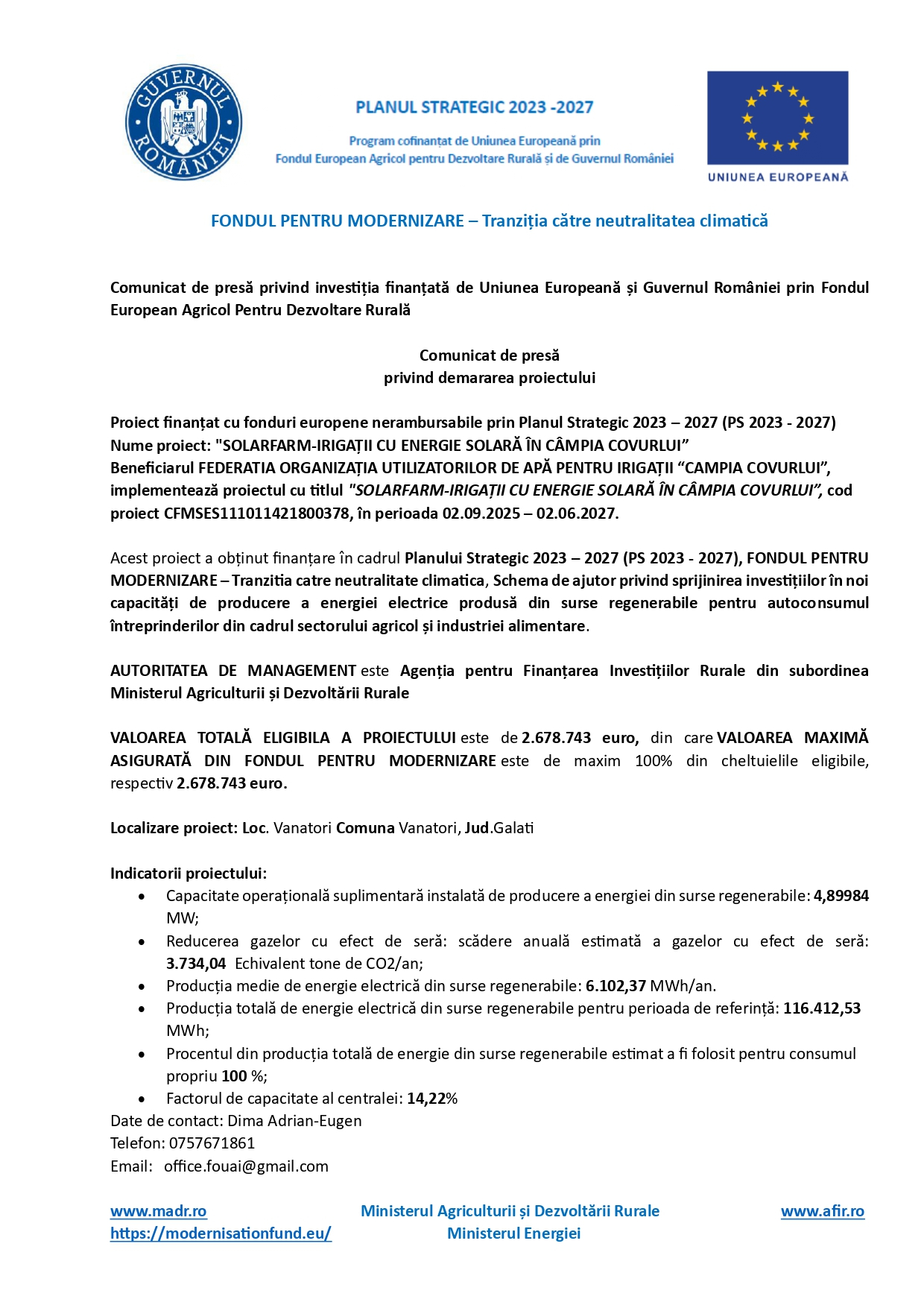 Comunicat de presă: SOLARFARM-IRIGAȚII CU ENERGIE SOLARĂ ÎN CÂMPIA COVURLUI
