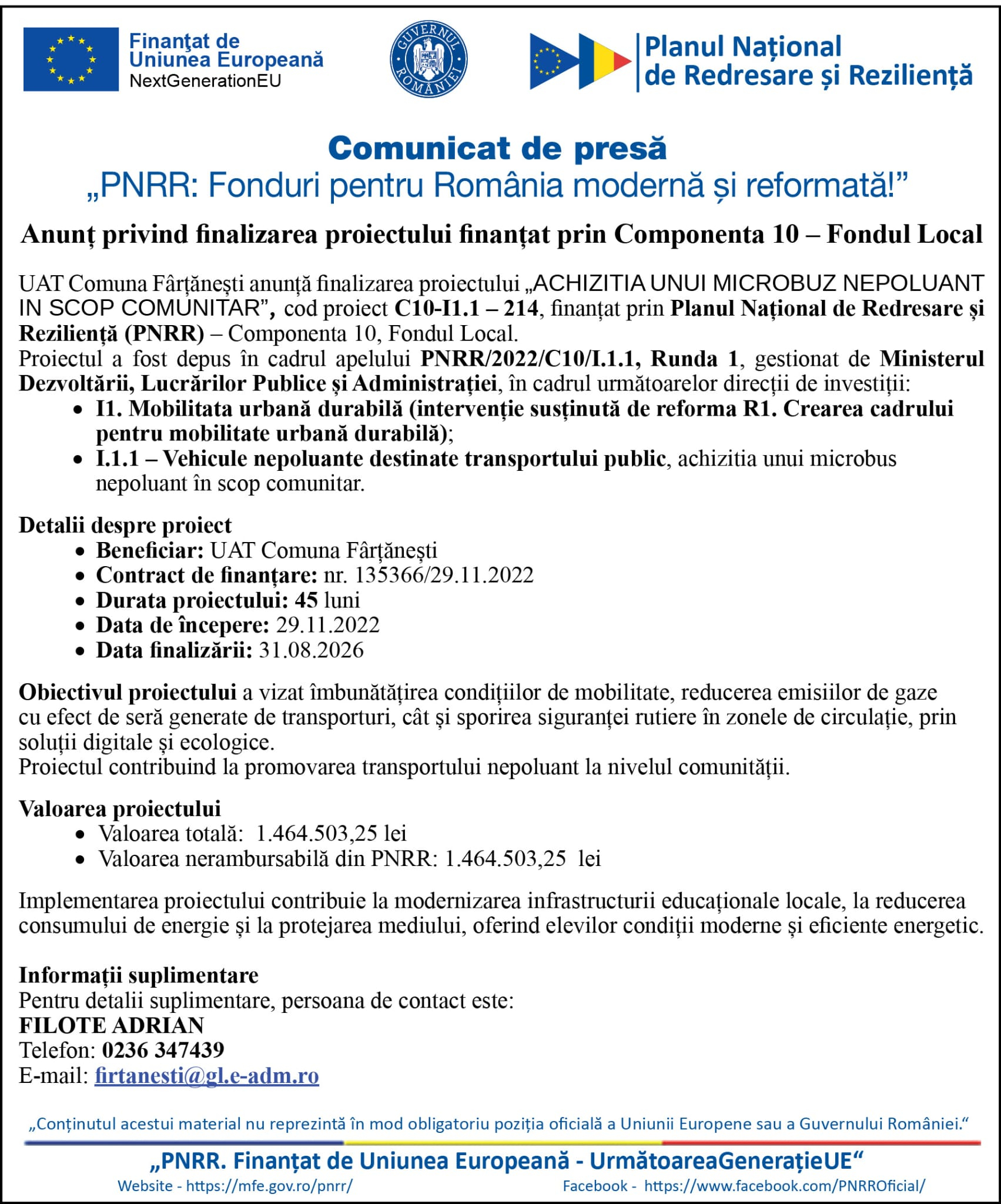 Comunicat de presă- Finalizare proiect ”Achiziția unui microbuz nepoluant în scop comunitar”