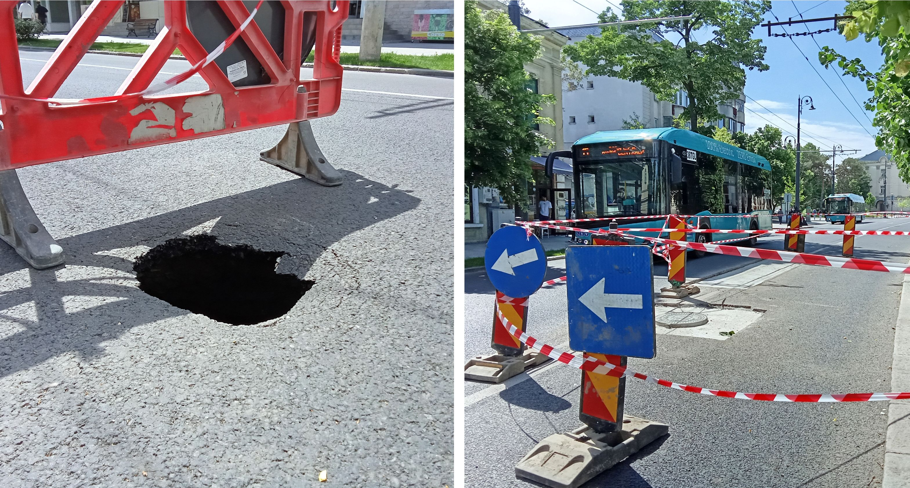 Poza zilei. Strada care se surpă într-o parte, în timp ce e reparată în alta