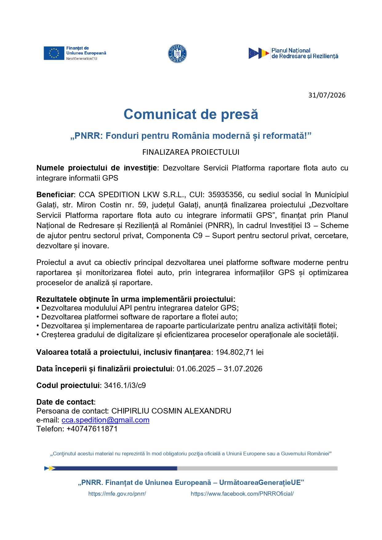 Comunicat presă - finalizare proiect